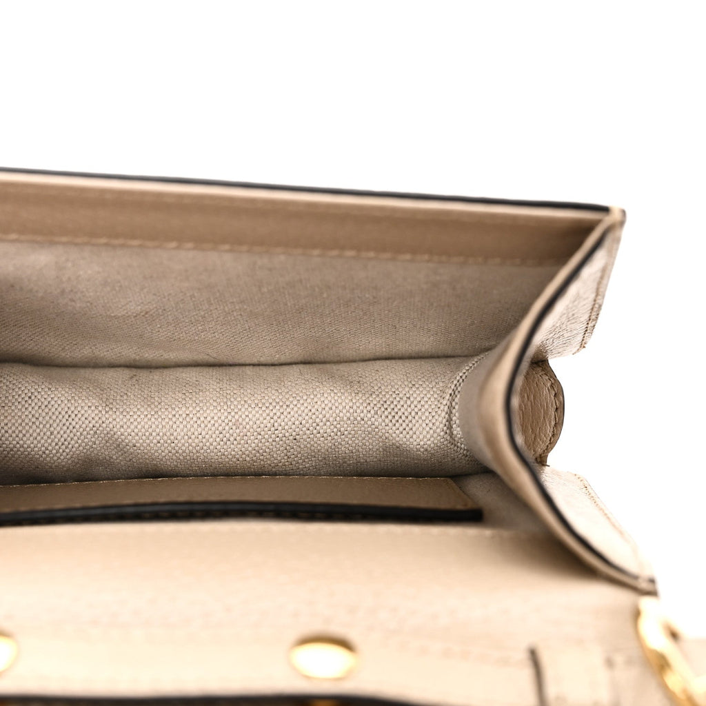 Gucci GG Supreme Monogram Textured Dollar Calfskin Web Mini Ophidia Padlock Top Handle Chain Shoulder Bag Beige Mystic White Oatmeal