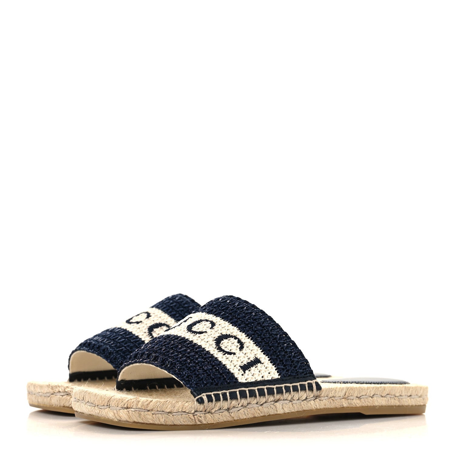 Gucci Macrochet Raffia Logo Flat Slide Espadrille Sandals 37.5 Blue Great White