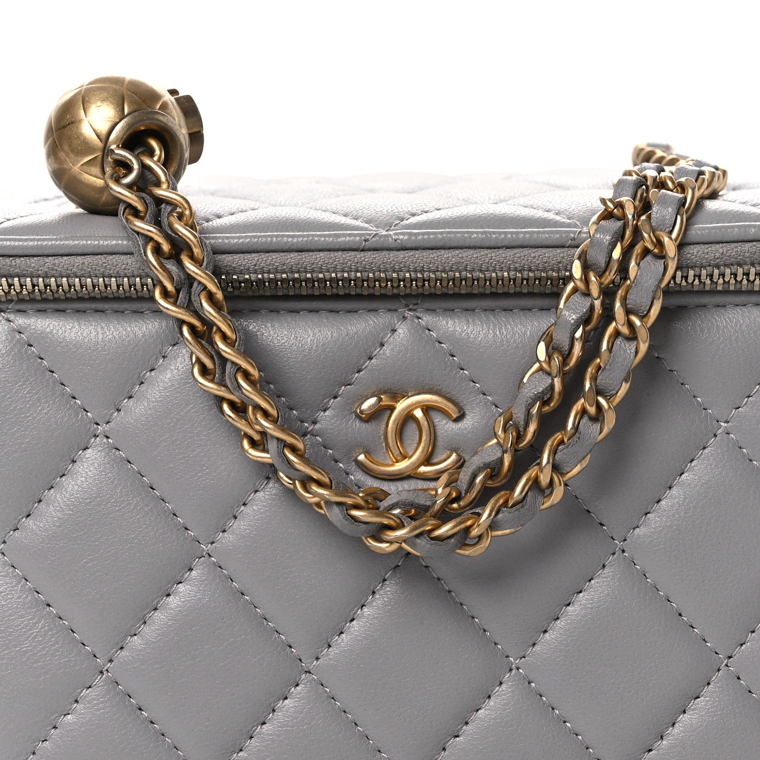 Chanel Lambskin Quilted Small Pearl Crush Vanity Case With Chain Grey