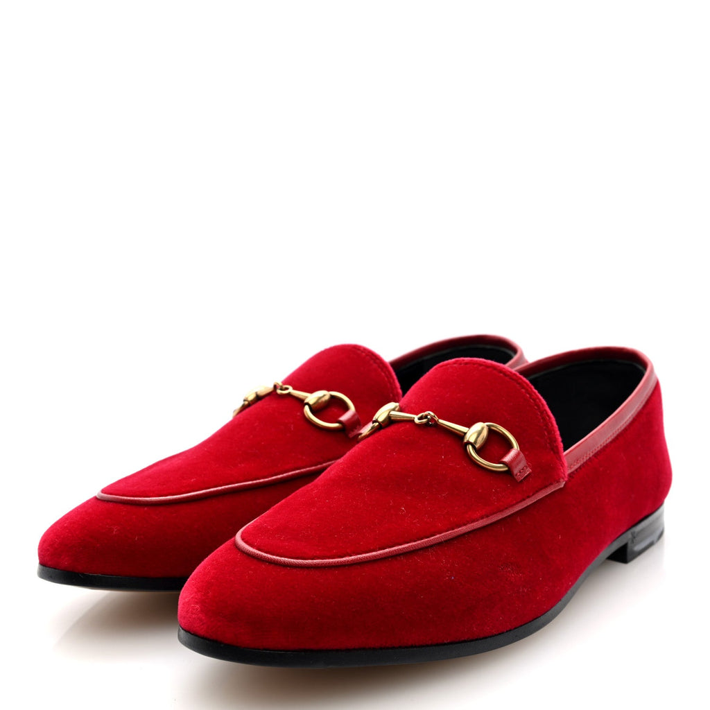 Gucci Velvet Horsebit Womens Jordaan Loafers 37 Hibiscus Red