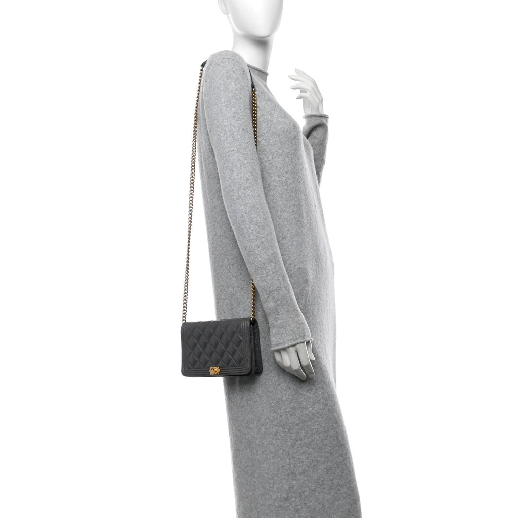 Chanel Caviar Quilted Boy Wallet On Chain WOC Grey