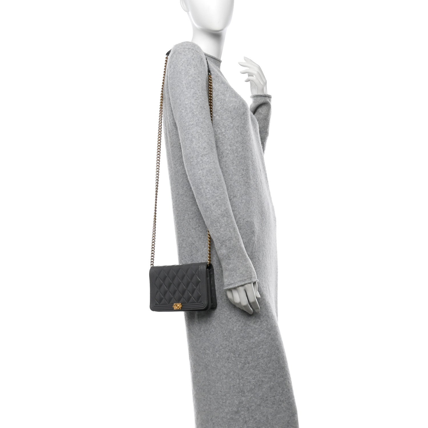 Chanel Caviar Quilted Boy Wallet On Chain WOC Grey