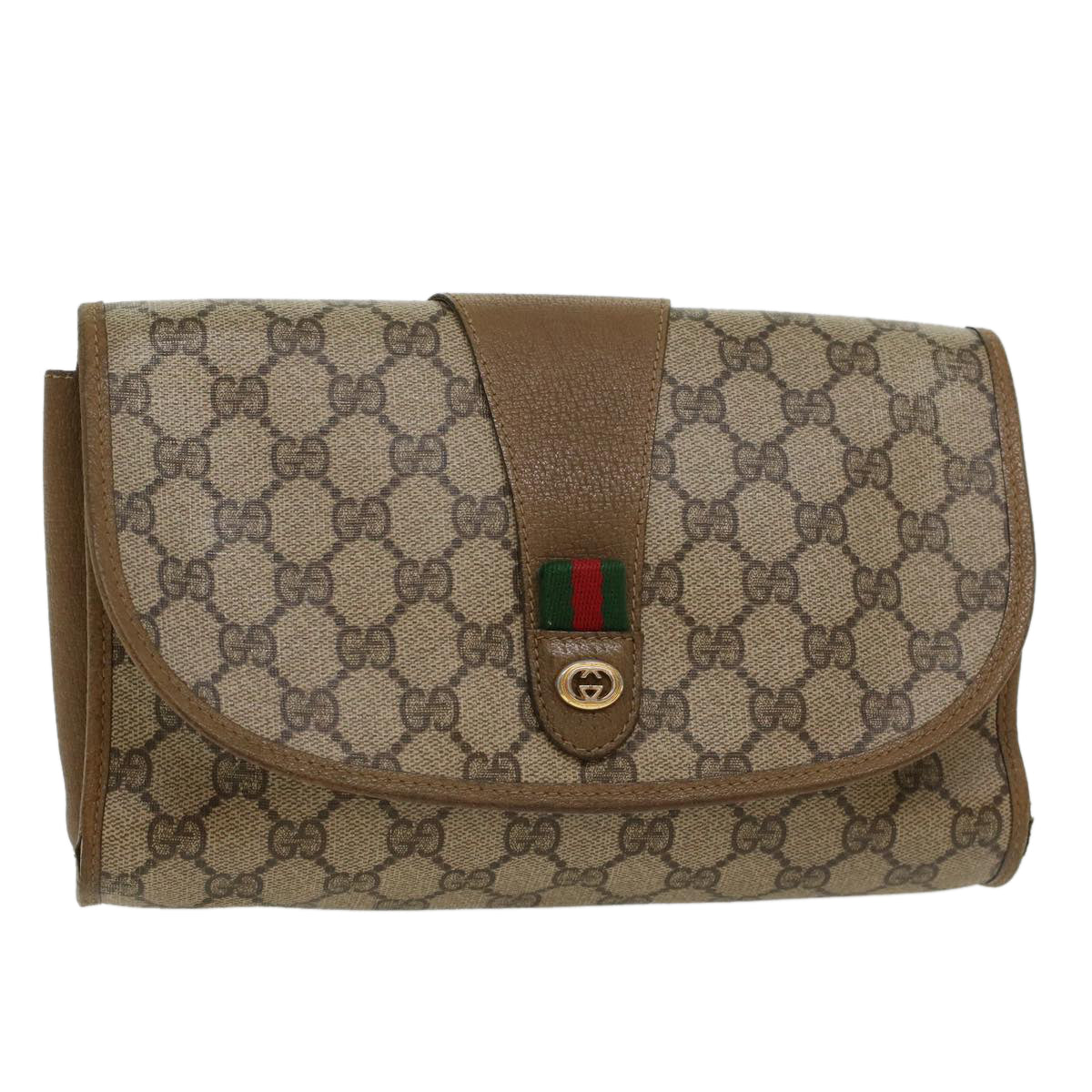 GUCCI GG Canvas Web Sherry Line Clutch Bag PVC Leather Beige Green  43092