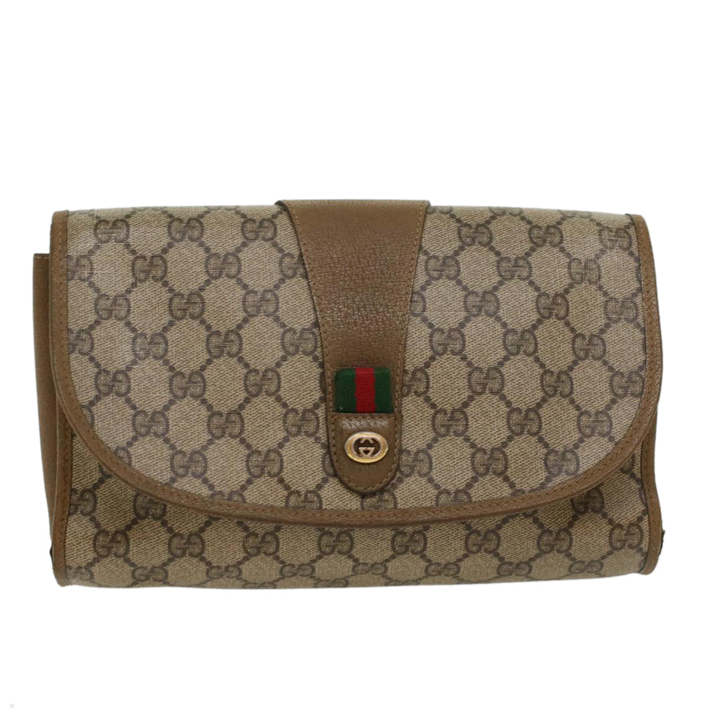 GUCCI GG Canvas Web Sherry Line Clutch Bag PVC Leather Beige Green  43092
