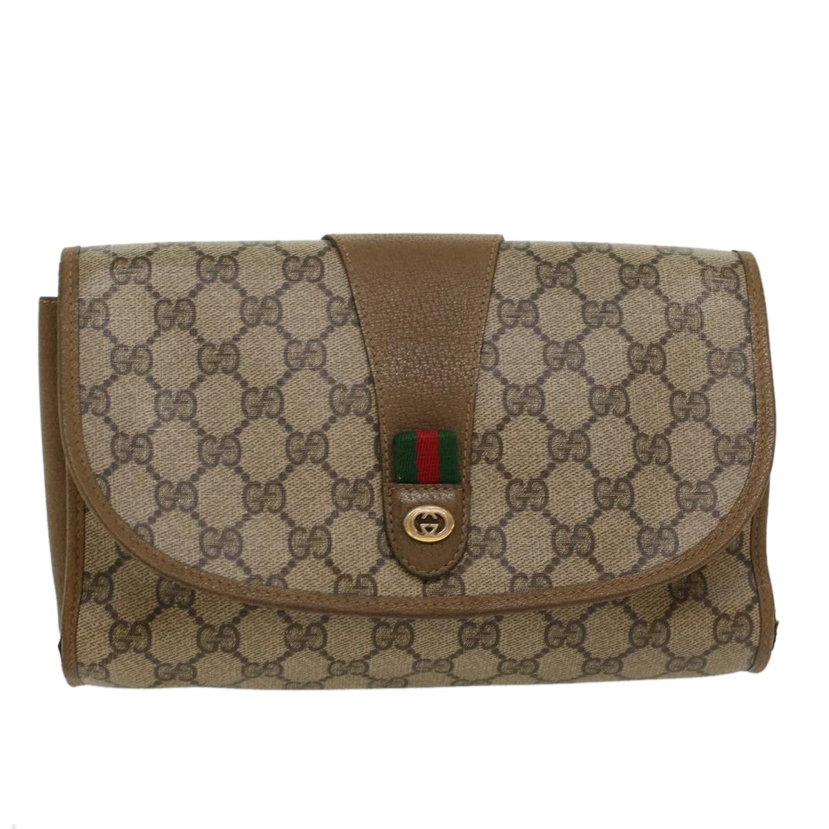 GUCCI GG Canvas Web Sherry Line Clutch Bag PVC Leather Beige Green  43092