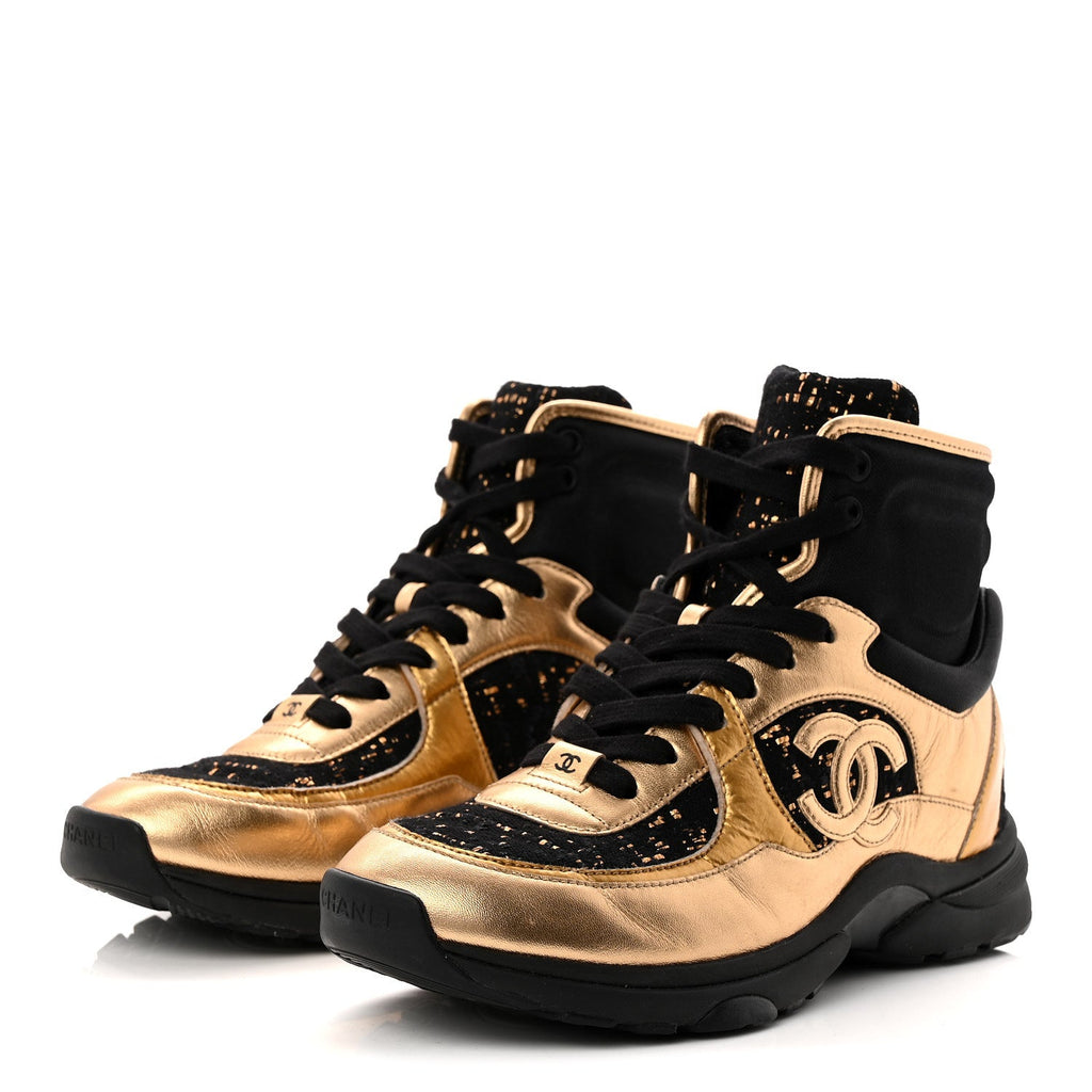 Satin Lambskin Fabric Tweed CC High Top Sneakers 39 Black Gold