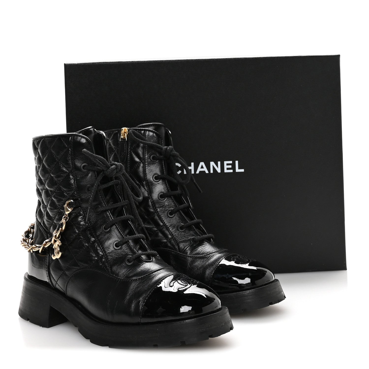 Chanel Shiny Calfskin Patent Quilted Chain Lace Up Combat Boots 40.5 Black