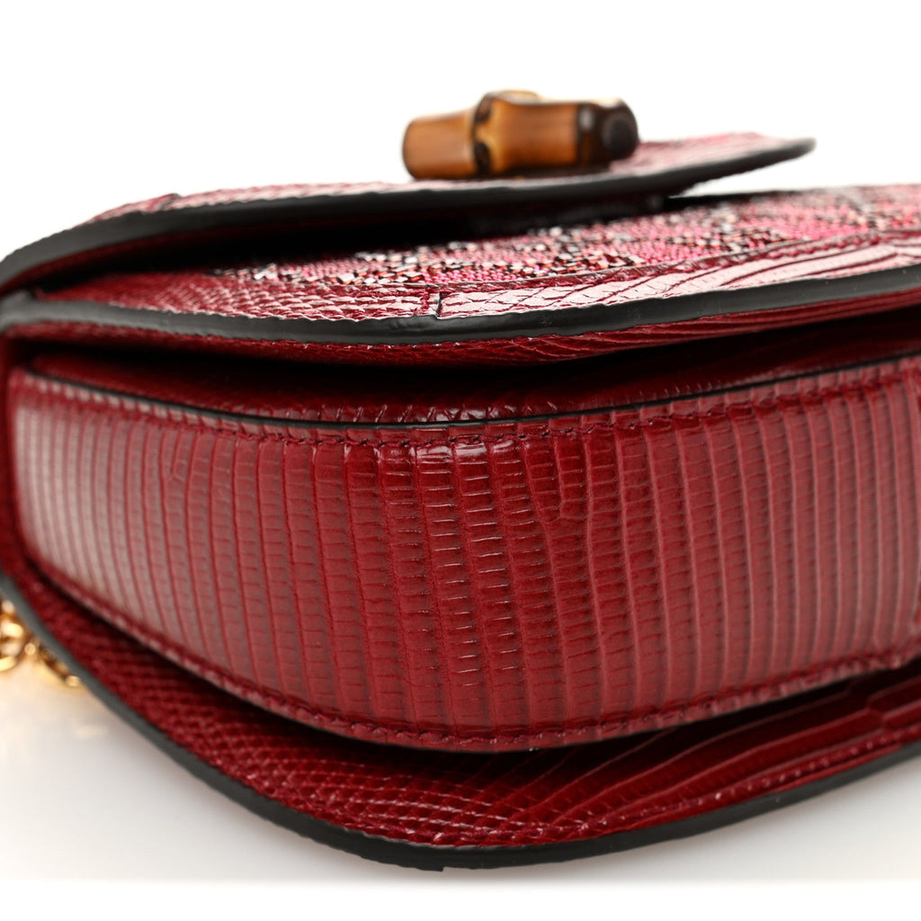 Gucci Moire Fabric Calfskin Rhinestone Monogram Monochrome Lizard Embossed Mini Bamboo 1947 Top Handle Chain Bag Red