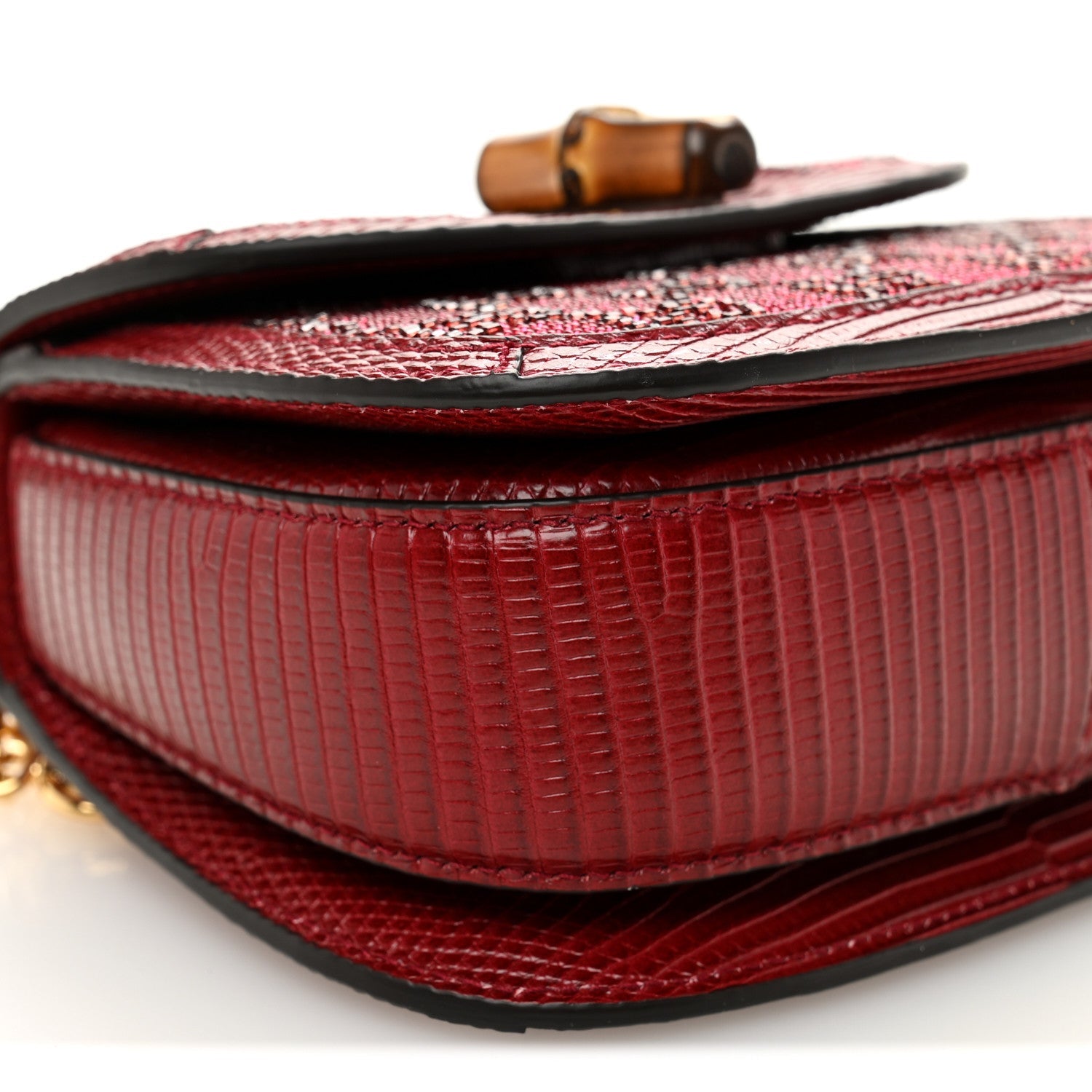 Gucci Moire Fabric Calfskin Rhinestone Monogram Monochrome Lizard Embossed Mini Bamboo 1947 Top Handle Chain Bag Red
