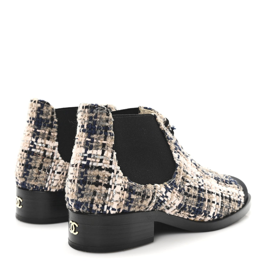 Chanel Tweed Calfskin Pearl Combat Short Boots 36 Beige Pink Black