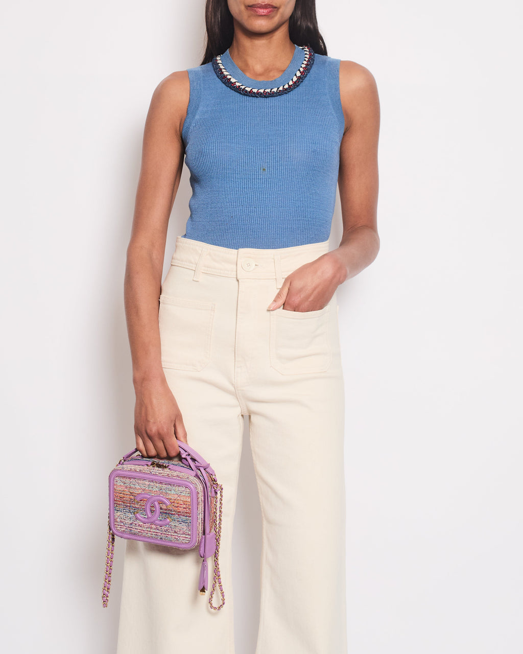 Chanel Blue Ribbed Knit Sleeveless Top With Red, White & Blue Tweed Embroidered Trim and CC Button Detail FR 36 (UK 8)