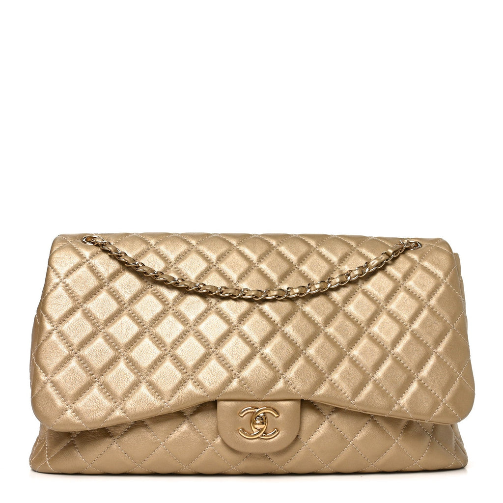 Chanel Metallic Calfskin Quilted Small XXL Travel Flap Bag Gold