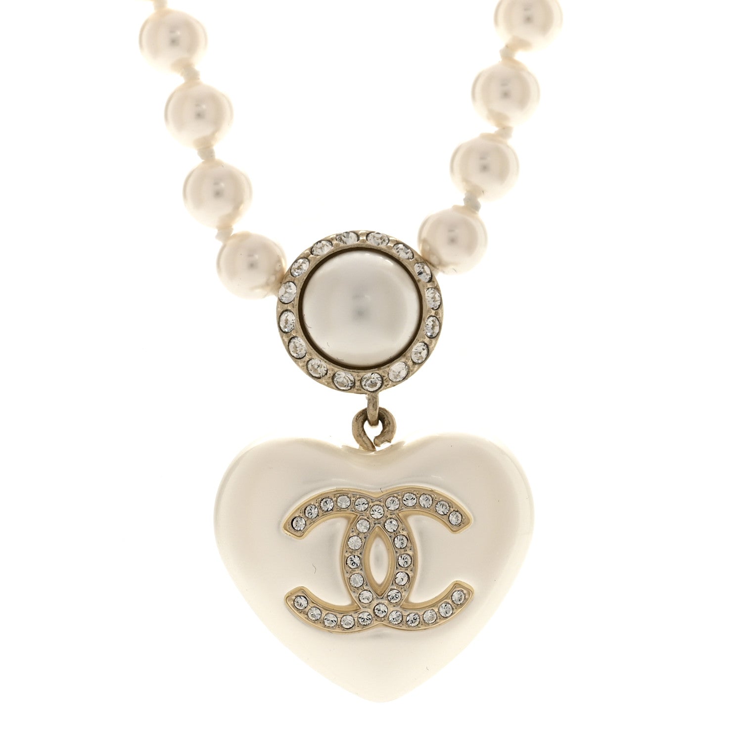 Pearl Crystal CC Heart Short Necklace Pearly White Gold