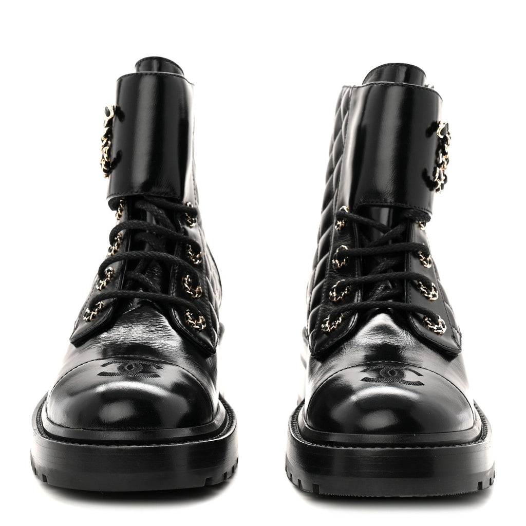 Chanel Shiny Calfskin Quilted Lace Up Combat Boots 39 Black