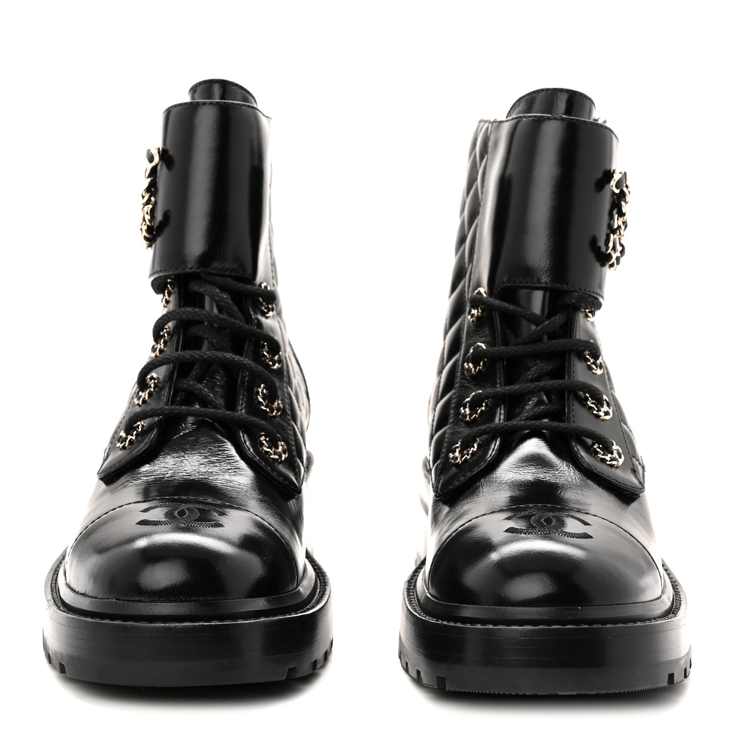 Chanel Shiny Calfskin Quilted Lace Up Combat Boots 39 Black