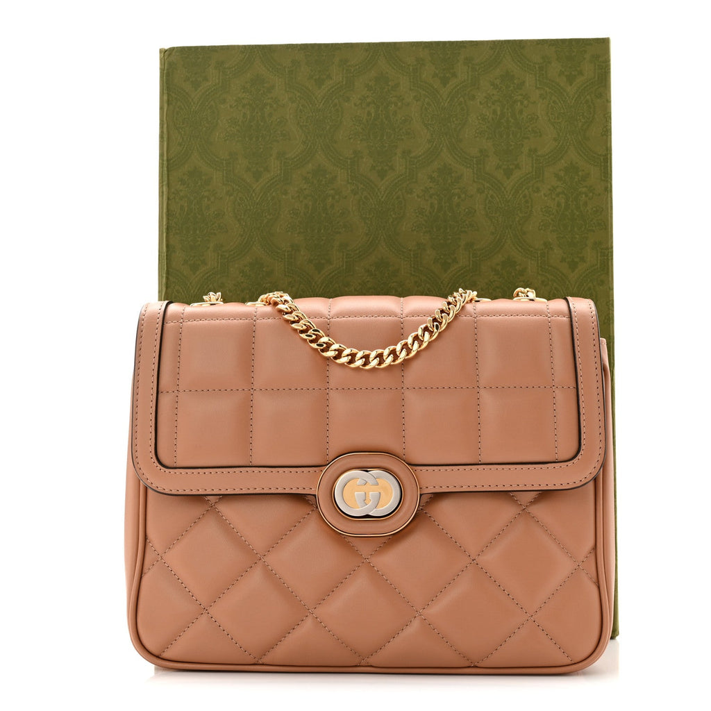 Gucci Calfskin Quilted Small Deco Shoulder Bag Camelia