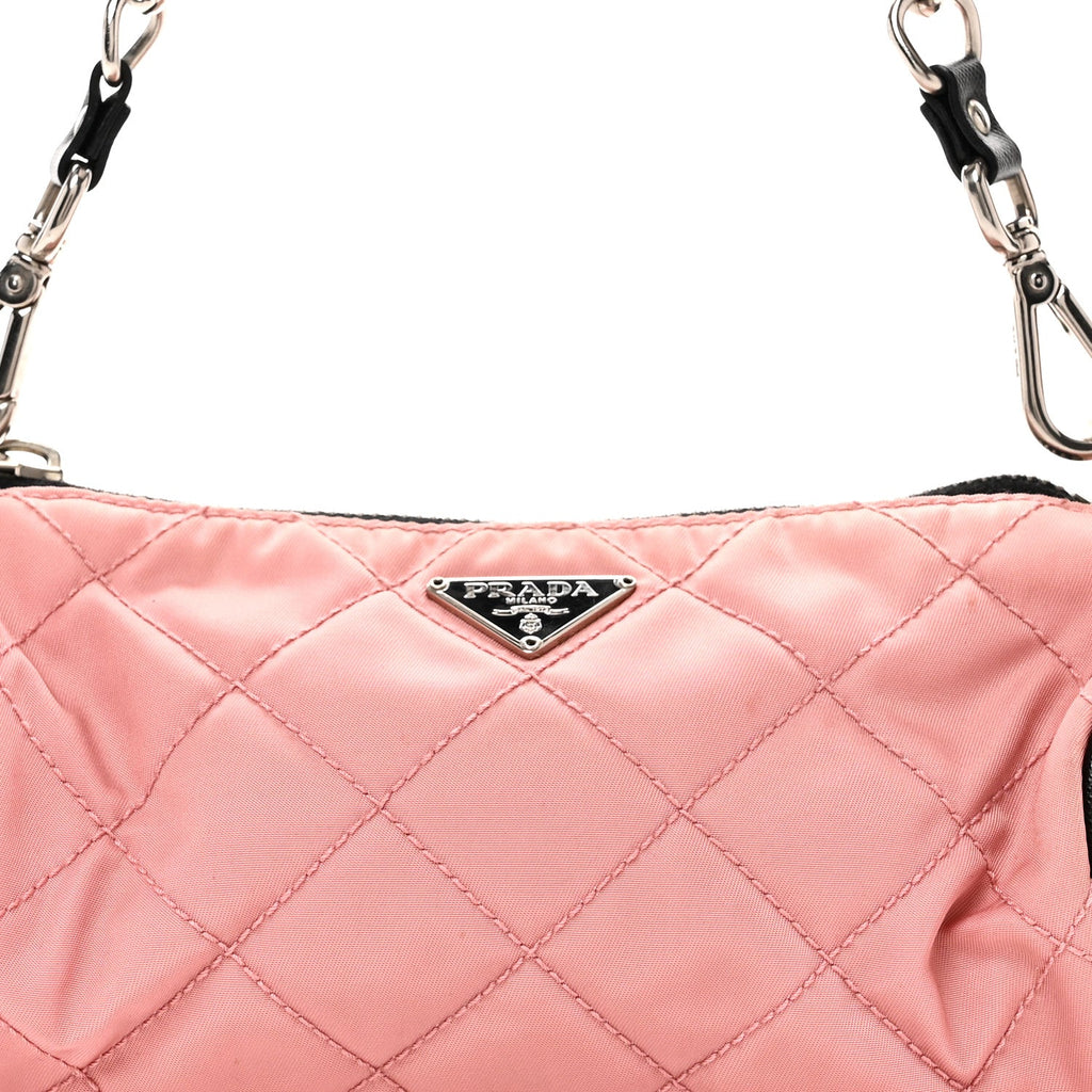 Prada Tessuto Nylon Saffiano Impunturato Quilted Barrel Pochette Pink Black