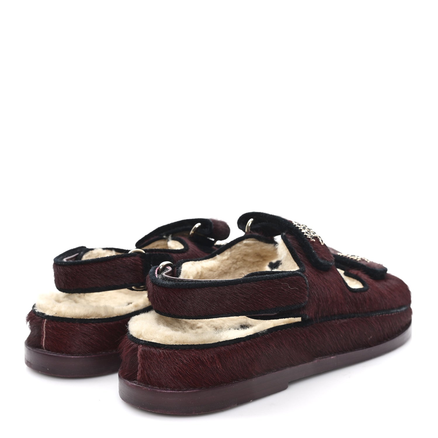 Calf Hair Suede Shearling Dad Sandals 36.5 Burgundy Black