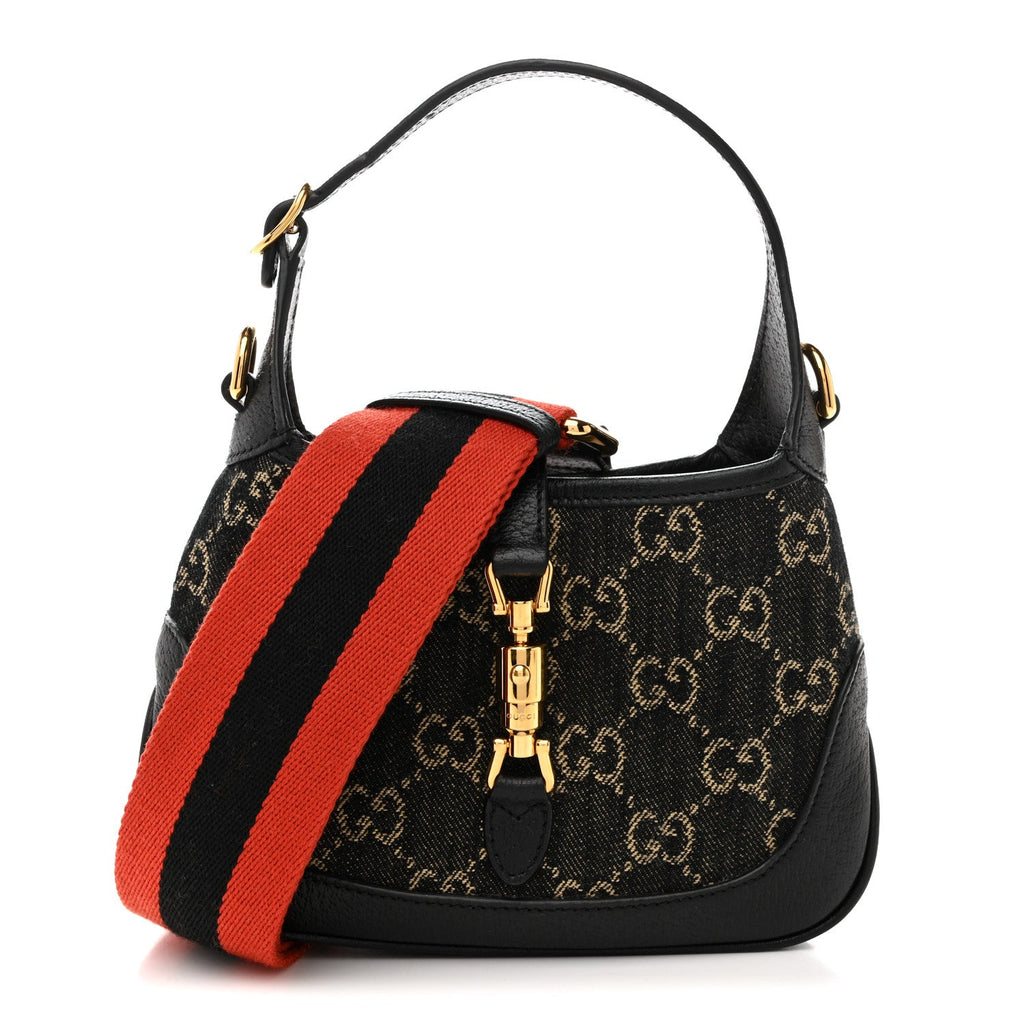 Gucci Jacquard Black Denim GG Monogram Textured Dollar Calfskin Mini Jackie 1961 Hobo Black Ivory