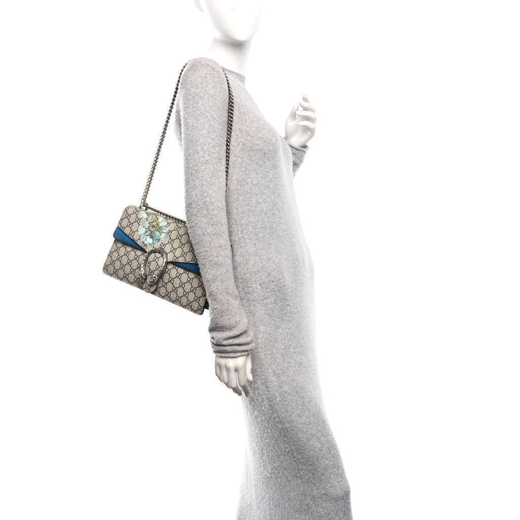 Gucci GG Supreme Monogram Blooms Small Dionysus Shoulder Bag Beige Navy Vintage Blue