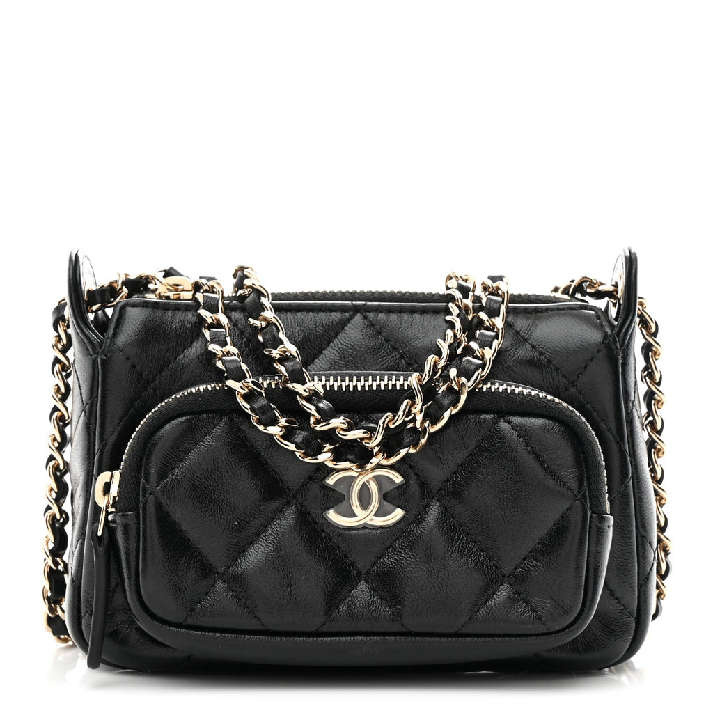 Chanel Shiny Crumpled Lambskin Quilted Mini Clutch With Chain Black