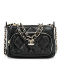 Chanel Shiny Crumpled Lambskin Quilted Mini Clutch With Chain Black