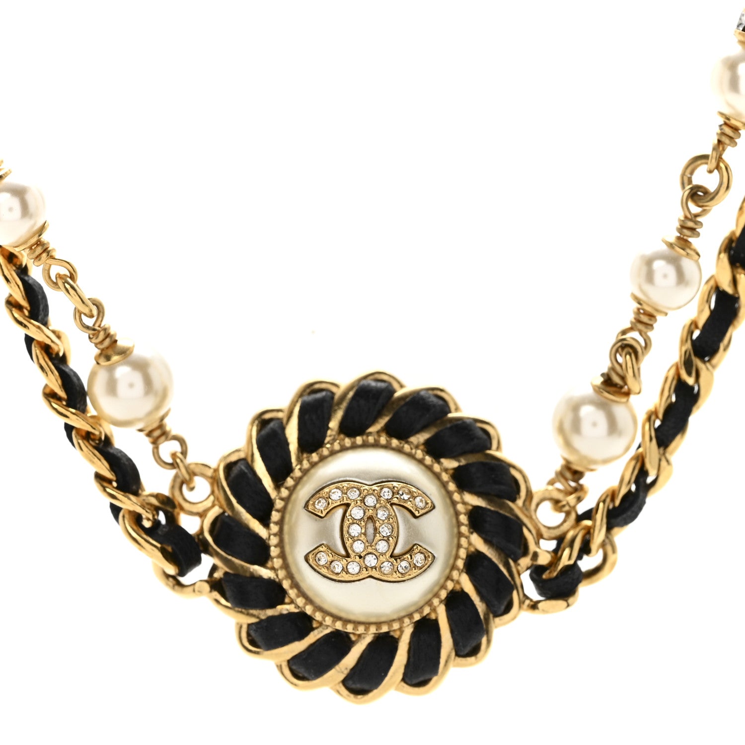 Lambskin Pearl Crystal CC Short Double Strand Necklace Gold White Black