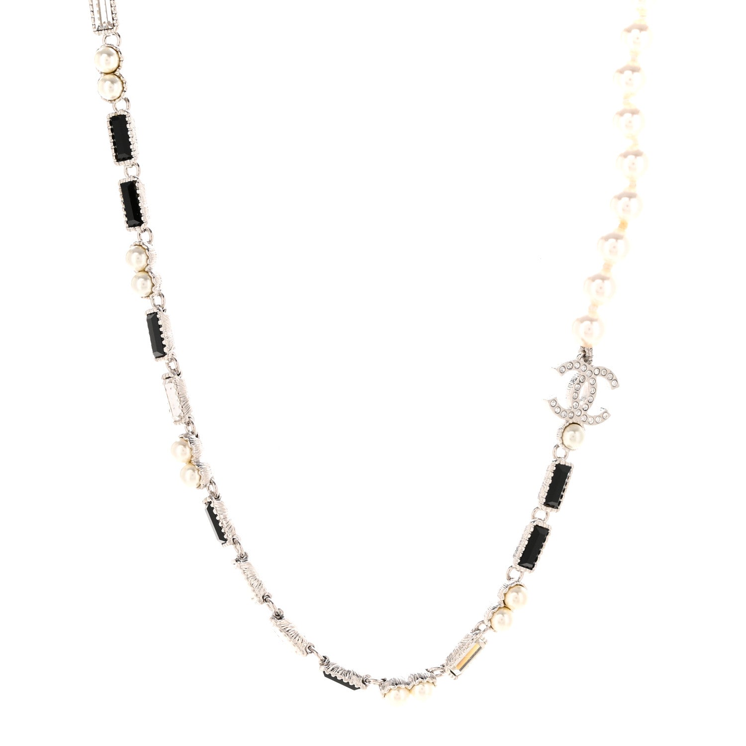 Pearl Baguette Crystal CC Choker Necklace Silver Black