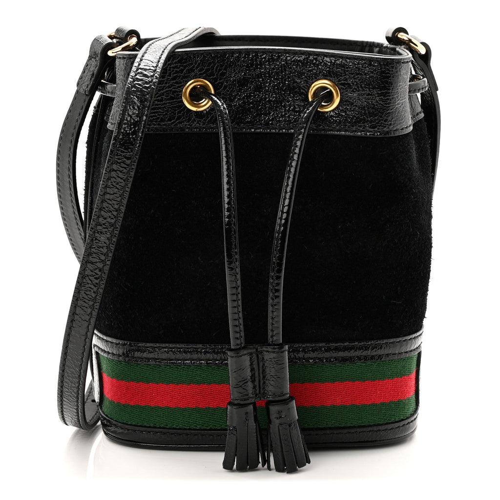 Gucci Suede Patent Web Mini Ophidia Bucket Bag Black