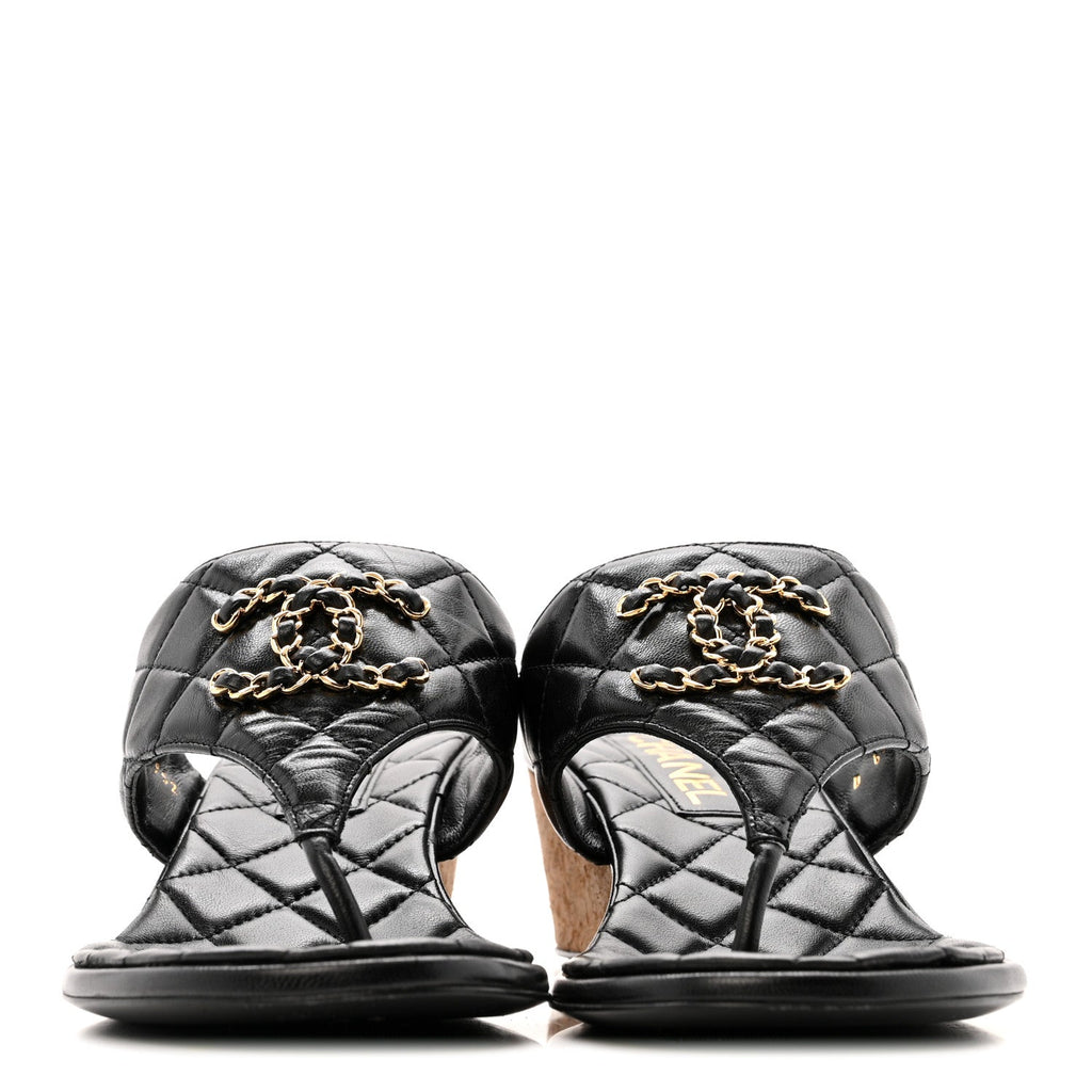 Chanel Shiny Goatskin Cork CC Wedge Sandals 37.5 Black
