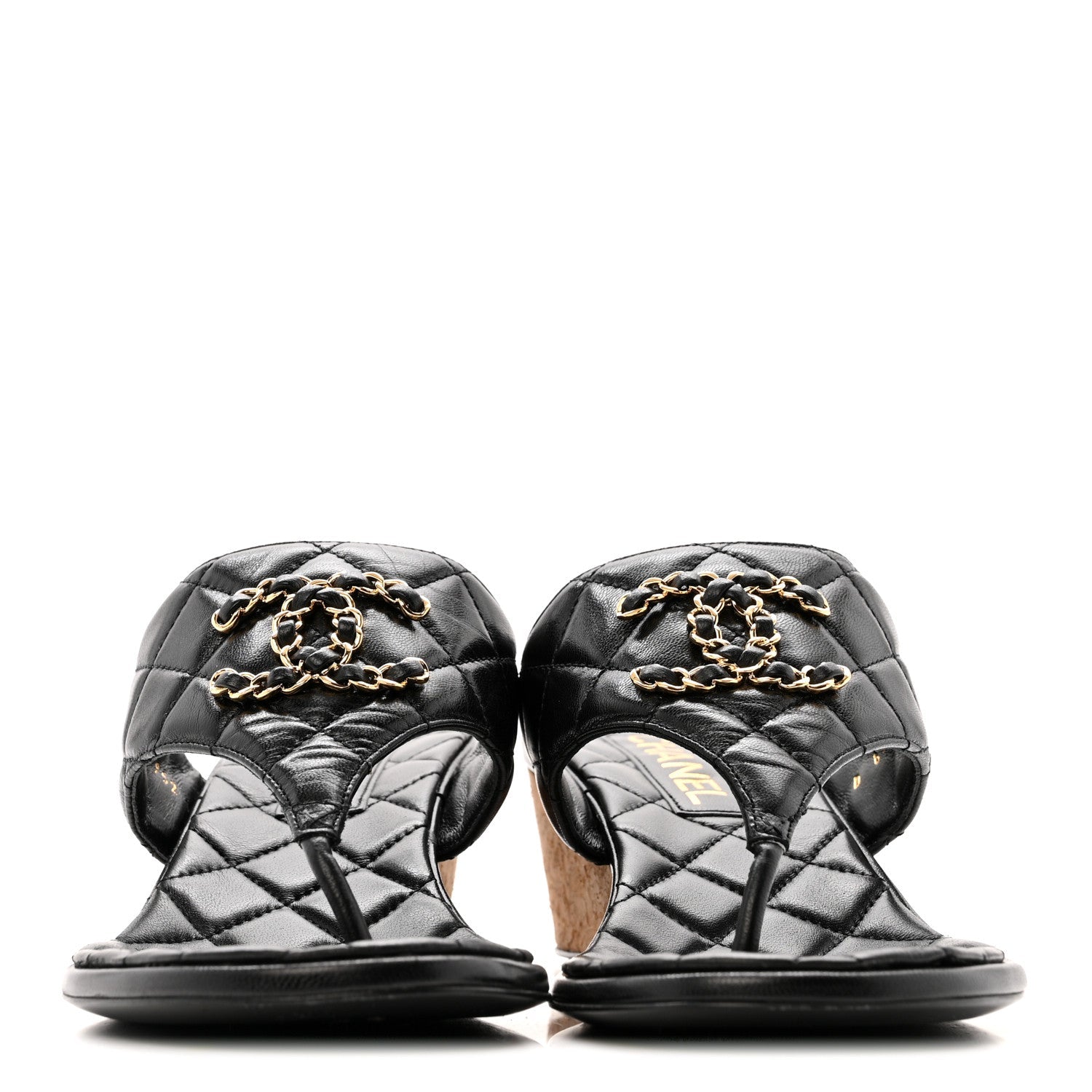 Chanel Shiny Goatskin Cork CC Wedge Sandals 37.5 Black