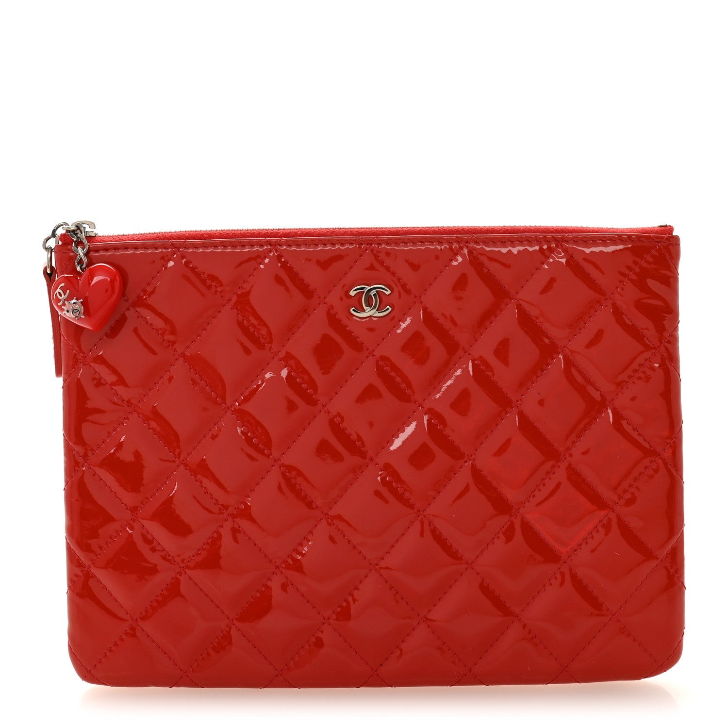 Patent Calfskin Quilted Valentine Hearts Medium O Cosmetic Case Red