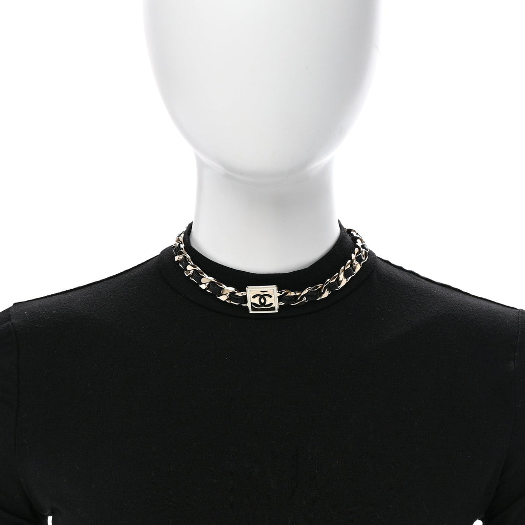 Metal Lambskin CC Square Choker Gold Black White