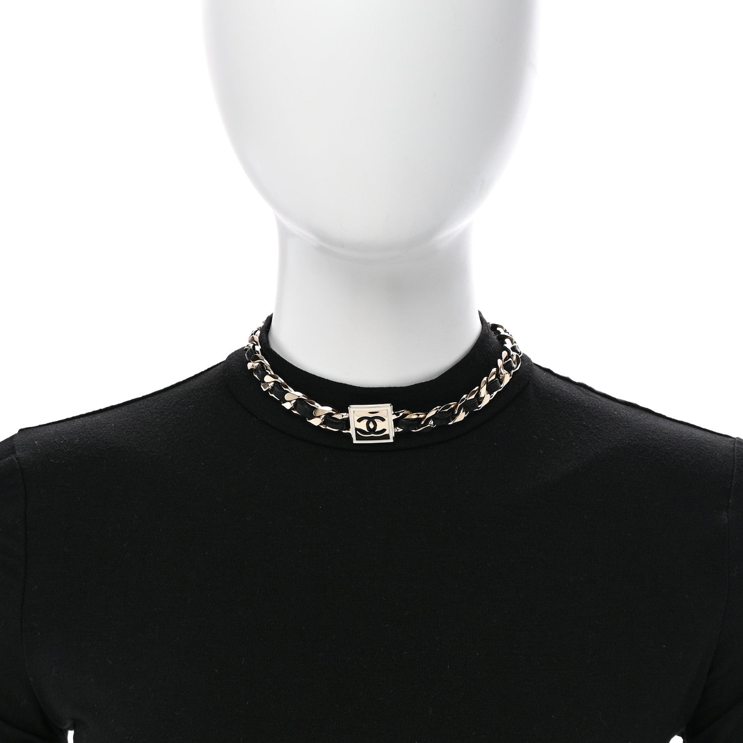 Metal Lambskin CC Square Choker Gold Black White