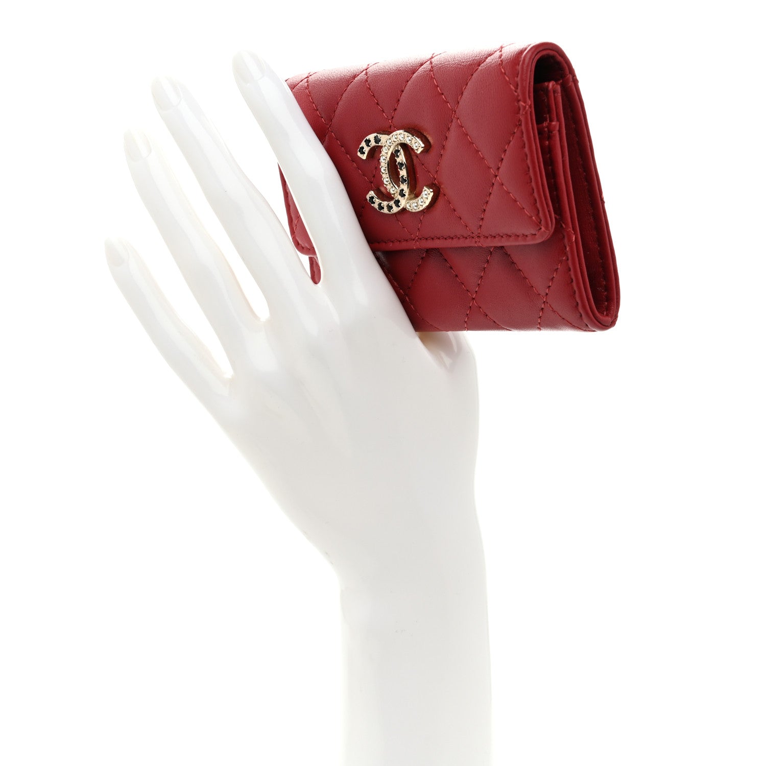 Lambskin Pearl Enamel Quilted Flap Card Holder Red