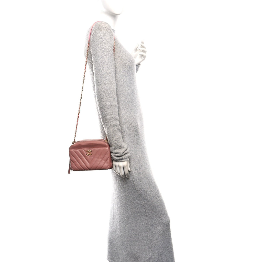 Chanel Lambskin Chevron Quilted Chain Around Camera Case Pink
