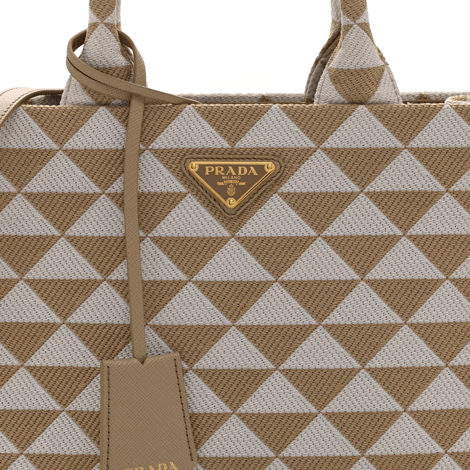 Prada Jacquard Saffiano Triangolo Symbole Embroidered Small Tote Corda Talco