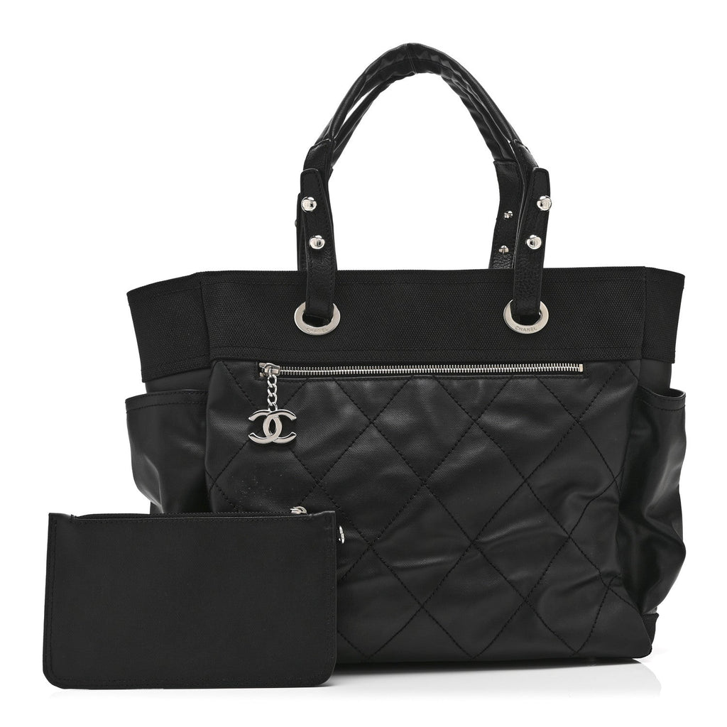 Chanel Coated Canvas Quilted Large Paris Biarritz Tote Black
