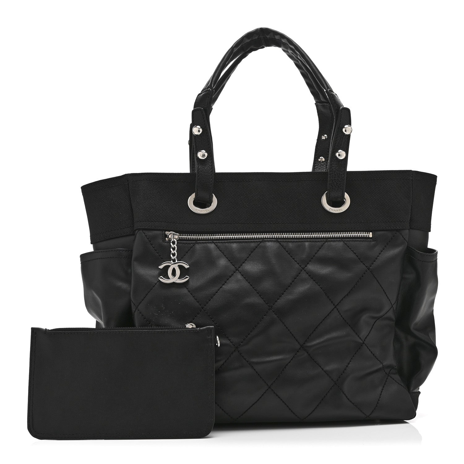Chanel Coated Canvas Quilted Large Paris Biarritz Tote Black