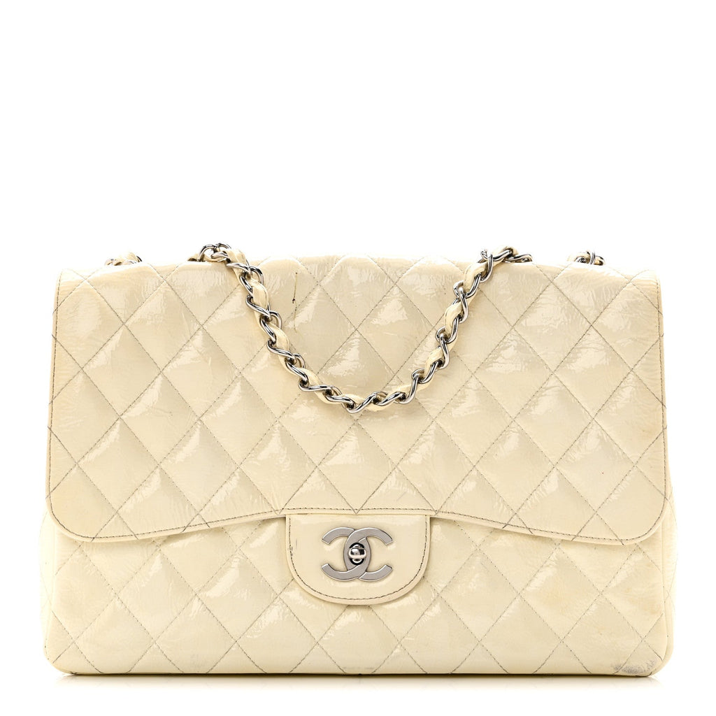 Chanel Distressed Patent Jumbo Single Flap White