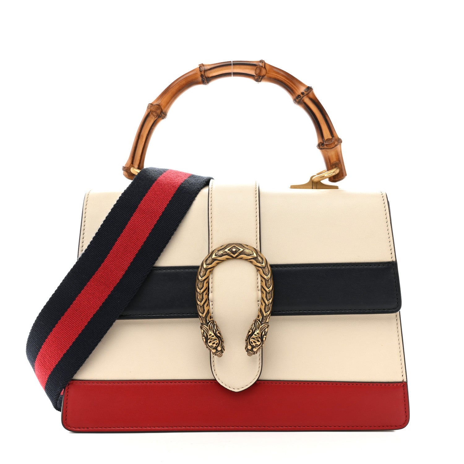 Gucci Calfskin Bamboo Web Medium Dionysus Top Handle Bag White Blue Hibiscus Red