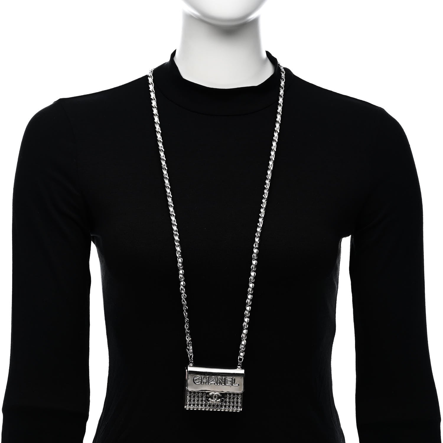 Metal Lambskin Strass Crystal Purse CC Long Necklace Silver