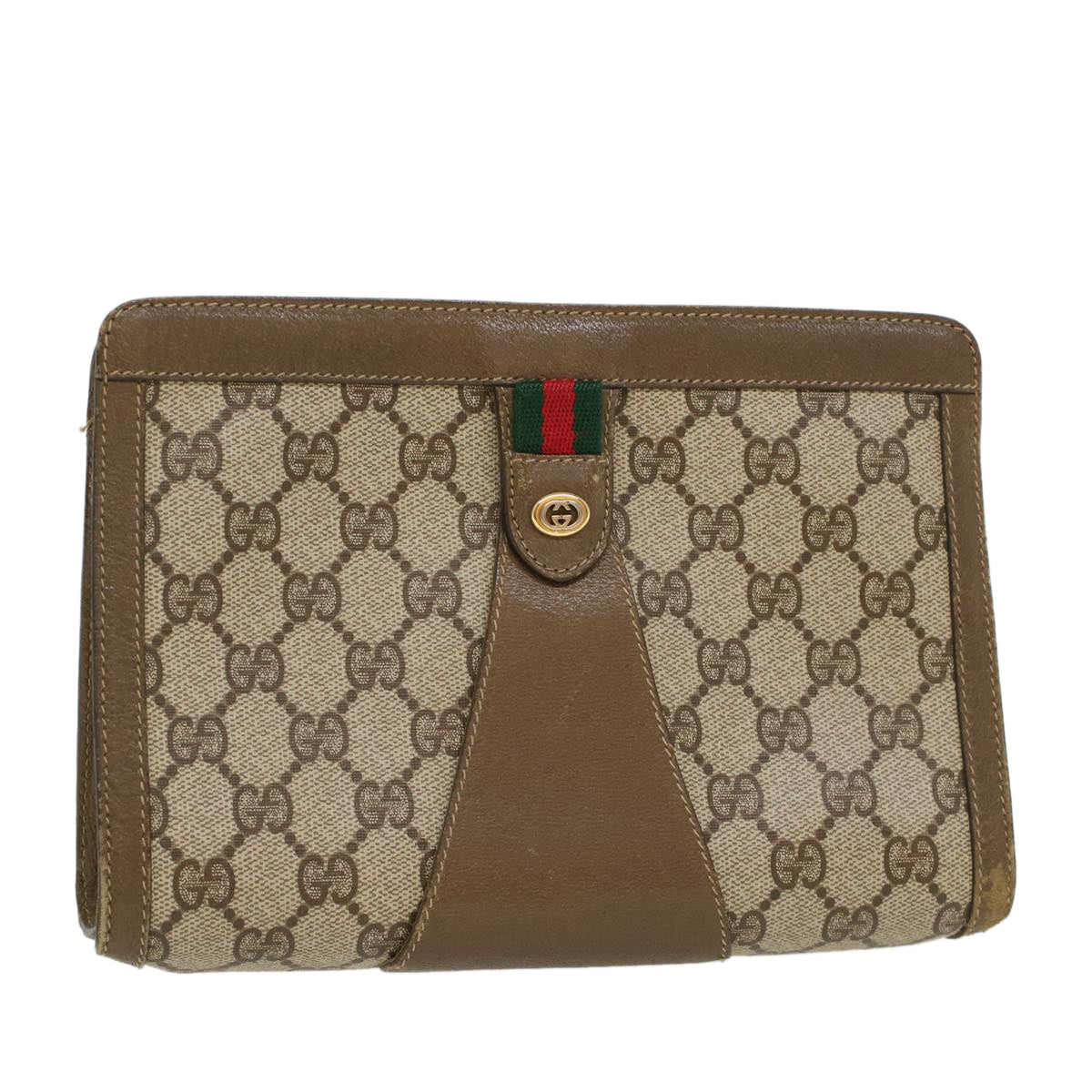 GUCCI GG Canvas Web Sherry Line Clutch Bag PVC Leather Beige Red  43908