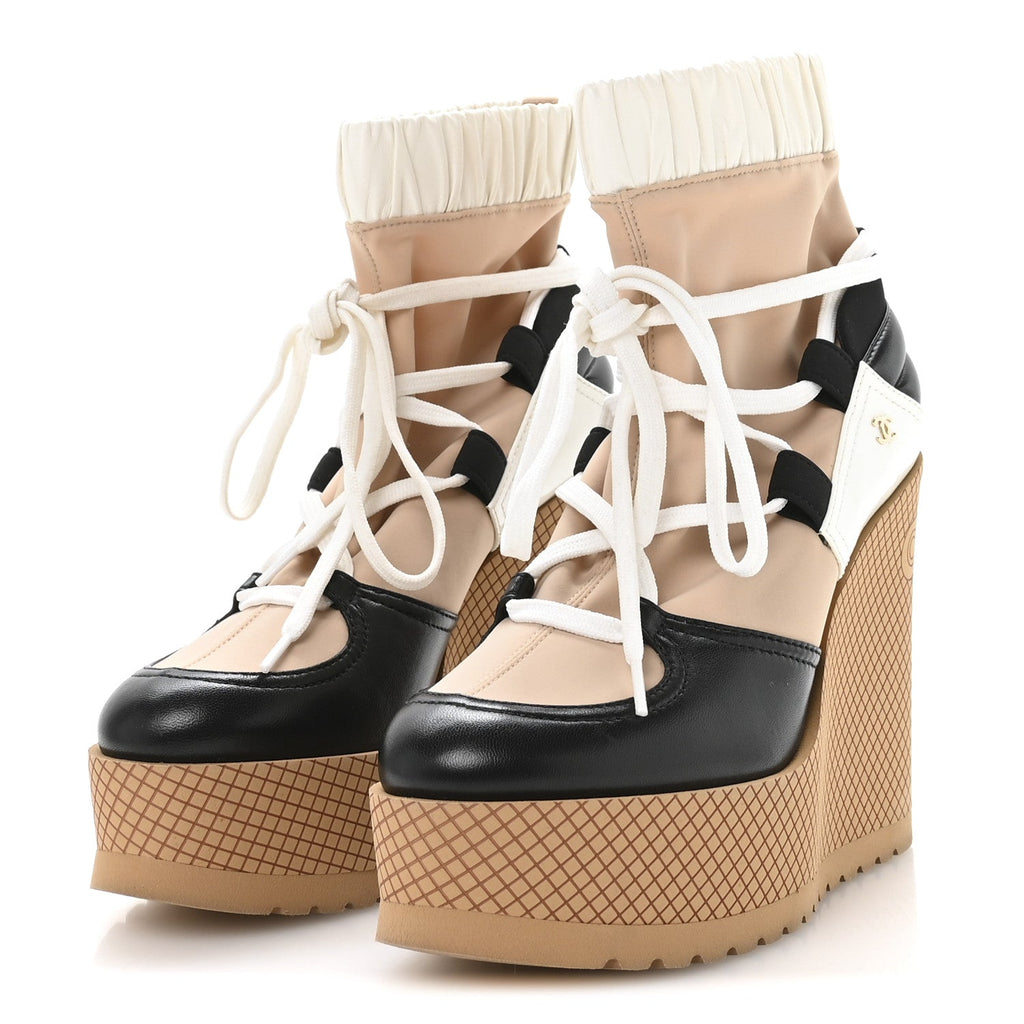 Fabric Lambskin Calfskin Runway Wedge Short Platform Boots 37 Black White Beige