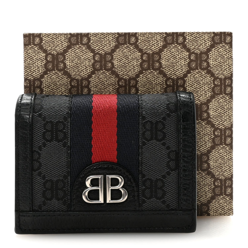 Gucci X BALENCIAGA BB Monogram Web Ophidia Card Case Wallet Black
