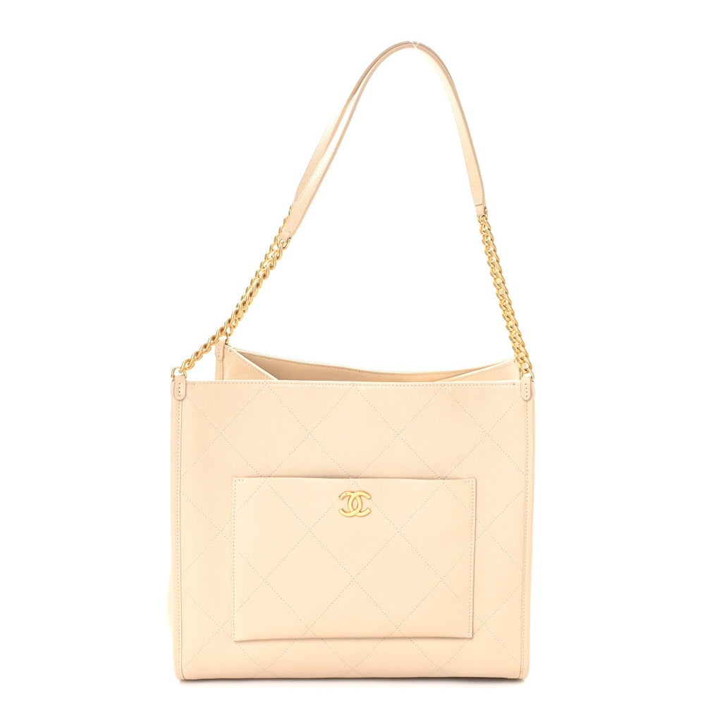 Chanel Caviar Stitched Pocket CC Large Tote Light Beige