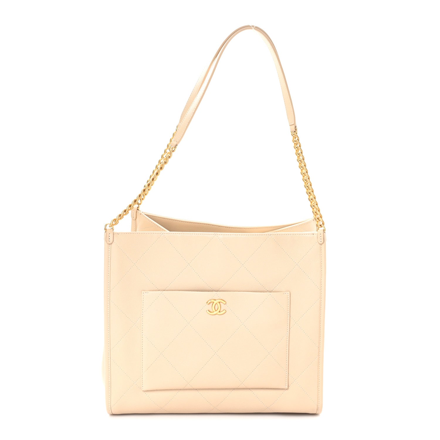 Chanel Caviar Stitched Pocket CC Large Tote Light Beige
