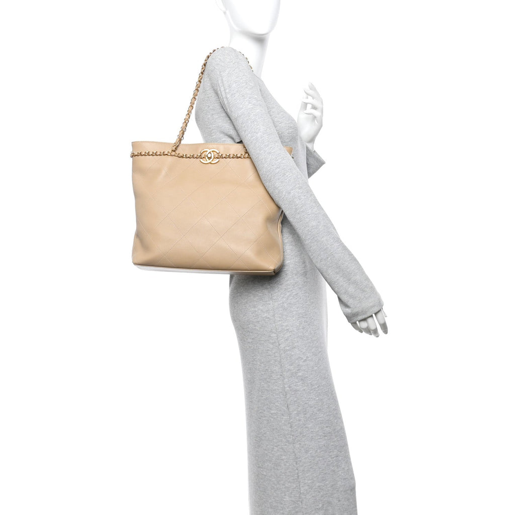 Chanel Calfskin Stitched Small Shopping Tote Dark Beige