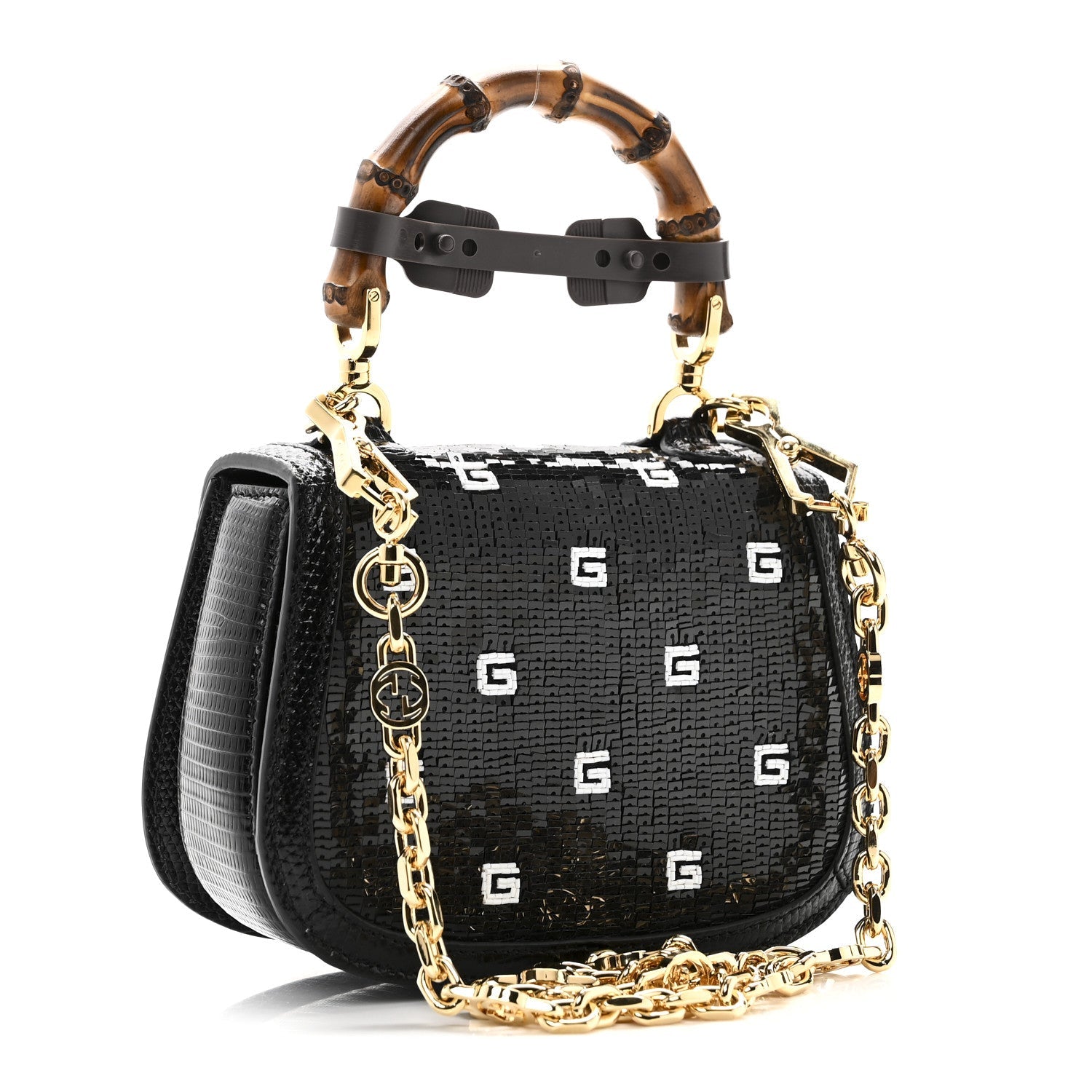Gucci Sequin Lizard Embossed GG Mini Bamboo 1947 Top Handle Chain Bag Black White