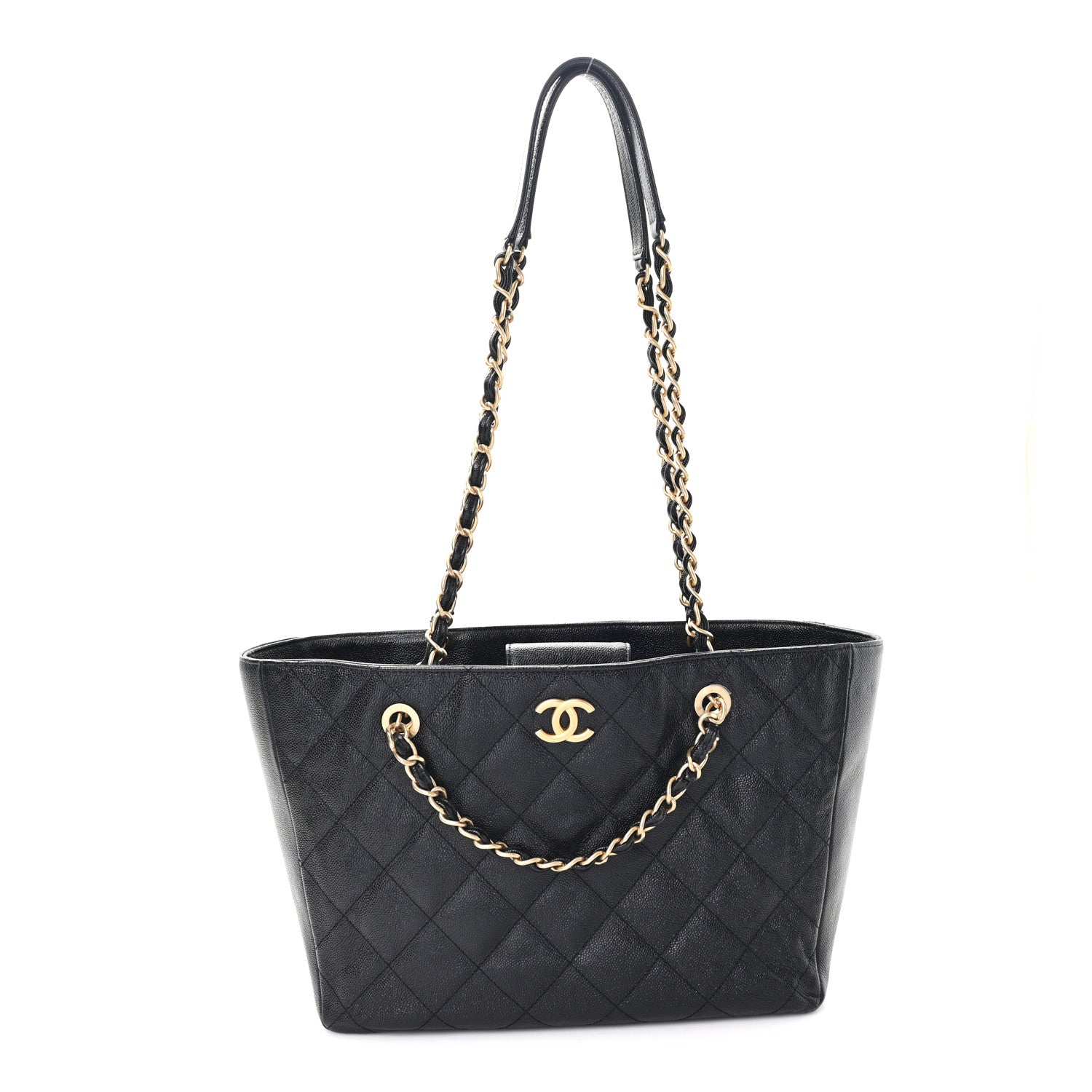 Chanel Caviar Quilted Small Trapezoid Chain Shopping Tote Black